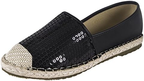 PrettyCube Women's Glitter Sequins Slip On Espadrilles Flats (Black, 9 B(M) US)