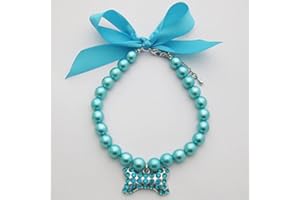 PETFAVORITES Fancy Pearls Crystal Dog Necklace Jewelry with Bling Rhinestones Big Bone Charm for Pets Cats Small Dogs Girl Teacup Chihuahua Yorkie Clothes Costume Outfits (Blue, 10 to 12-Inch)