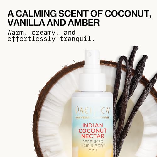 PACIFICA BEAUTY, INDIAN COCONUT NECTAR HAIR PERFUME & BODY SPRAY, COCONUT AND CREAMY VANILLA SCENT, NATURAL & ESSENTIAL OILS, ALCOHOL FREE, CLEAN FRAGRANCE, VEGAN & CRUELTY FREE