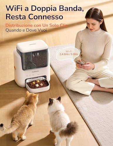 PalNests 5L Automatic Cat and Dog Food Dispenser, WiFi 2.4G/5G with APP, Dual Compartment Dispenser, Programmable Timer 1-10 Meals per Day for 1-12 Servings, 304 Stainless Steel Bowl