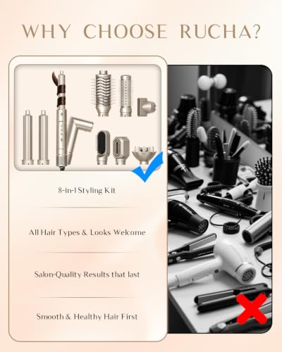 RUCHA Foldable 8 in 1 Hair Styler & Hot Air Styler, 110,000 RPM High Speed Hair Dryer Brush, Air Curler for Hair, Negative Ion Hot Air Bursh for Frizz-Free Styling Curling Fast Drying Straightening Volumizing