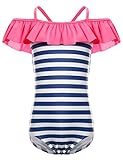LEINASEN Kids Ruffles Off Shoulder Stripe One Piece Bathing Suit for Girls