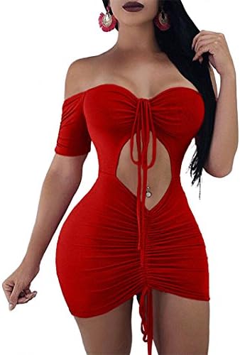 TANICY Women's Sexy Hollow Out Off Shoulder Short Sleeve Ruched Bandage Bodycon Mini Night Club Dress (Red, L)