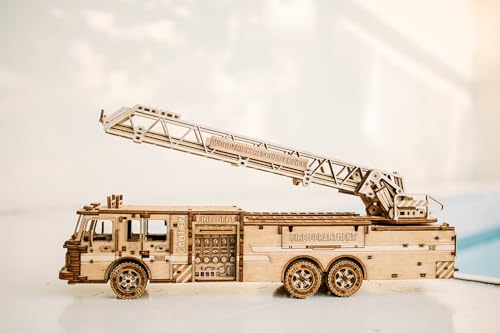 Wood Trick Movable Rescue Fire Truck - Extendable Swivel Ladder - 3D Wooden Puzzle for Adults and Kids to Build - Walks Up to 20 Feet - Wooden Models Engineering