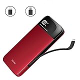 Solove 20000mAh Power Banks Portable Charger Built-in Cable Lightning Adapter Dual Output External Battery Pack with LED Display for iPhone, Android Phones,Different Electronic Devices (Red)