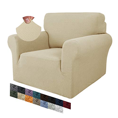 MAXIJIN Creative Jacquard Chair Cover for Living Room, Super Elastic Non-Slip Chair Cover with Arms, Pet Friendly, Elastic 1 Piece Armchair Protector (1 Seater, Light Beige)