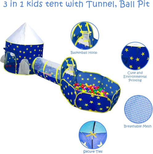 3pcs Kids Play Tent for Boys with Ball Pit, Crawl Tunnel, Princess Tents for Toddlers, Baby Space World Playhouse Toys, Boys Indoor& Outdoor Play House, Perfect Kid’s Gifts.BLUE