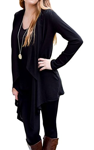 Chvity Women's Solid Long Sleeve Open Front Waterfall Draped Cardigans (L, Black)