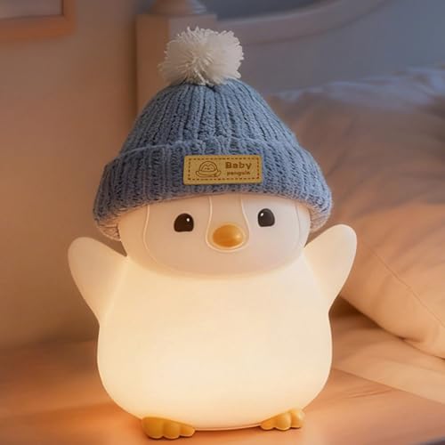 Famiduo Pinguin-Nachtlicht Für Kinder, Süße Pinguin-Lampe Mit Strickmütze, Weiches Silikon-Nachtlicht Babys, Wiederaufladbar/Dimmbar/Timer, Led-Squishy-Nachttischlampe, Lustige Geschenke Für Kinder