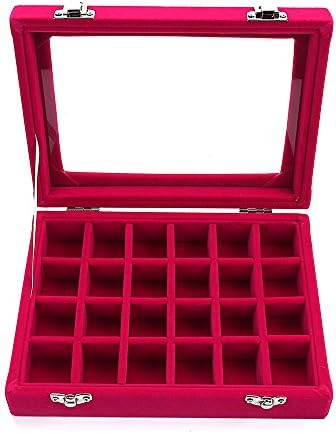 Sky PieaSky Piea 24 Grid Velvet Glass Jewelry Box Jewellery Organiser Earring Ring Storage Holder Case Box (Rose Red)