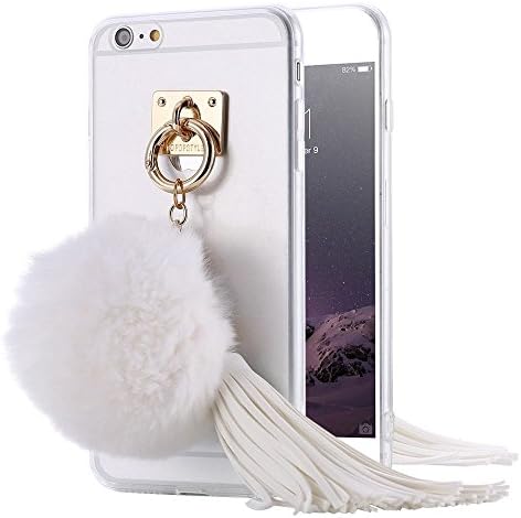 Gravydeals iPhone 7 Plus Fur Pendant Case, Metal Mirror Bling Rhinestones Pendant Bow Rabbit Fur PomPom Tassel Back Cover Protective Case for iPhone 7 Plus 5.5 inch (White)