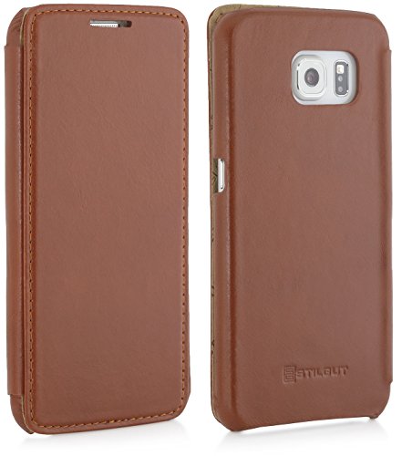 StilGut Book Type, Genuine Leather Case, Cover for Samsung Galaxy S6, Cognac Brown
