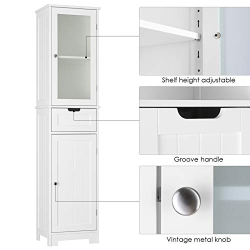 HOMECHO Bathroom Storage with 3 Tier Shelf Drawer Glass Door