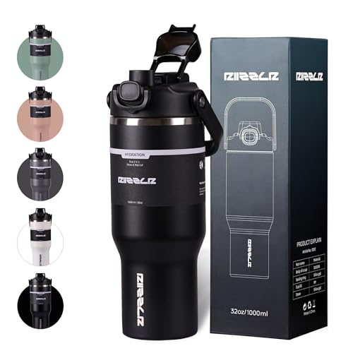 RIIZZLR® 1000ml Insulated Water Bottle Tumbler with 2-in-1 Straw & Sip Lid – Stainless Steel Vacuum Flask, Double Wall, BPA-Free, Leakproof, Wide Mouth, Keeps Drinks Hot 12H / Cold 24H (Black)