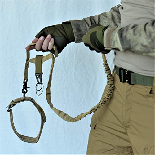 Tactical Dog Leash [Tan] (1) [Quick Release] + Adjustable Collar (1) + All Purpose MOLLE Hook Clip (1) for SWAT/Military / K9 Unit