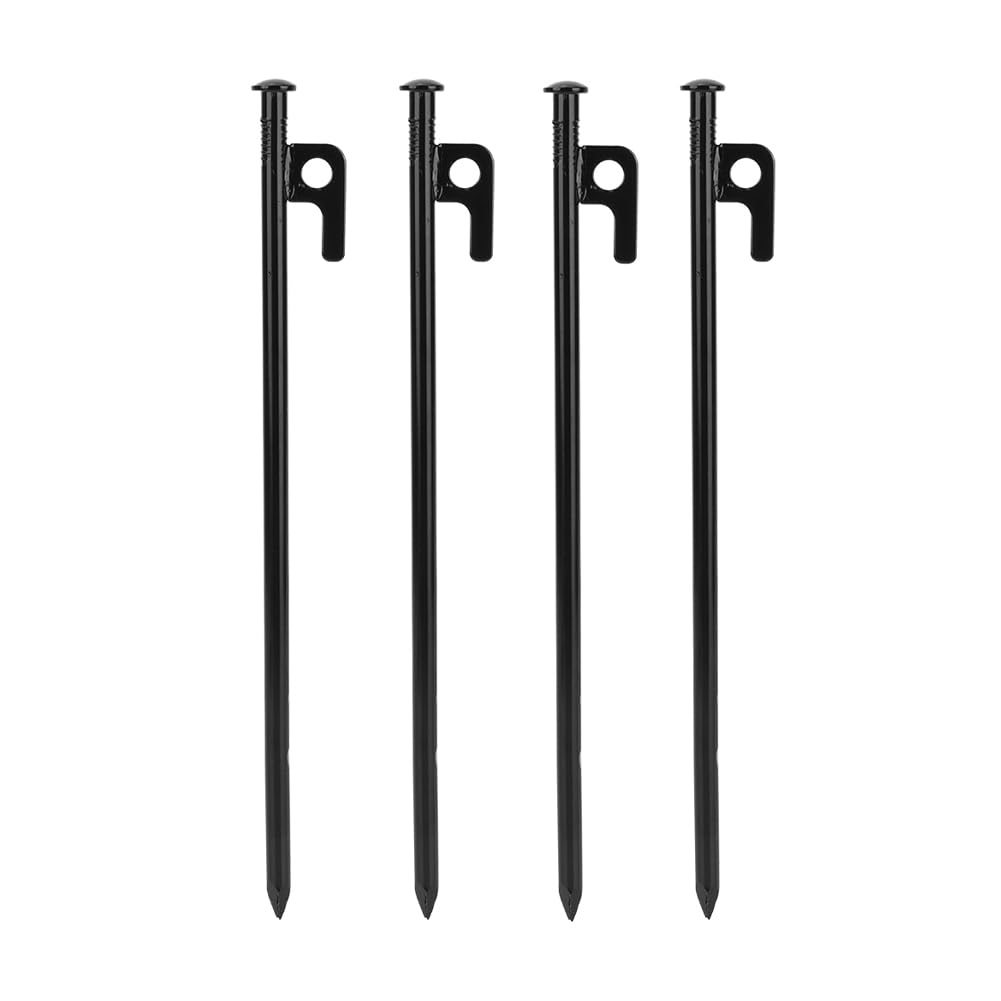 Tiiyee Heavy Duty Steel Tent Pegs, 4Pcs Screw-in Metal Camping Stakes for Hard Ground Snowfield, High Strength Tent Poles Garden Fencing Nails for Rocky Netting Hiking Trip with Hook and Hole (30cm)