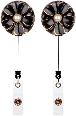 Qinsuee Retractable Badge Holder, ID/Name Badge Reel with Pearl, 2 Pack (Black&Black)