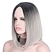 Short Wig Cosplay Wigs for Women Ombre Hair Silver Gray Synthetic Wigs Black to Grey Anxin Bob Straight Middle Part Full Head Wigs Heat Resistant (28CM, Grey)