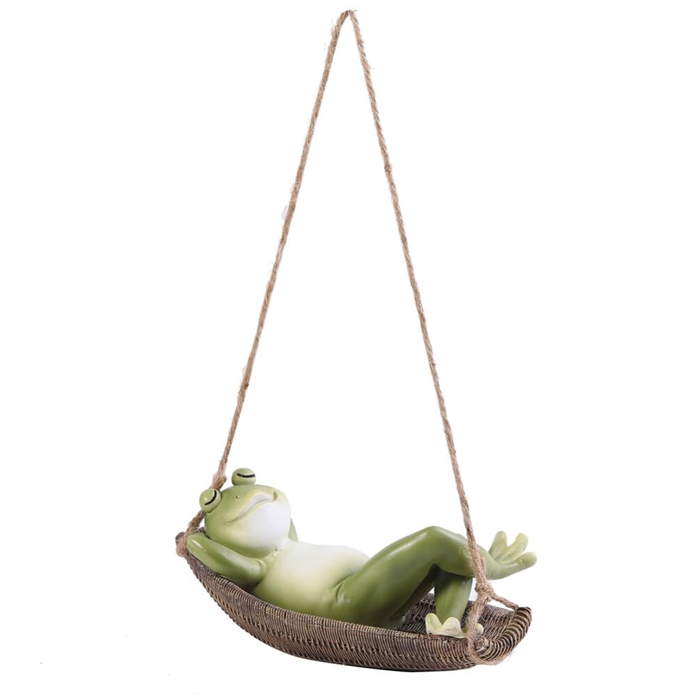 Frogs Hanging Garden Sculpture Frog On Hammock Garden Decoration Frog Sleeping Leaf Swing Figurine for Patio