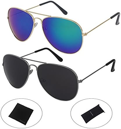 PictetW Classic Aviator Metal Frame Mirror Lens Sunglasses and Black Cloth Protective Bag (Black+Green, 56)
