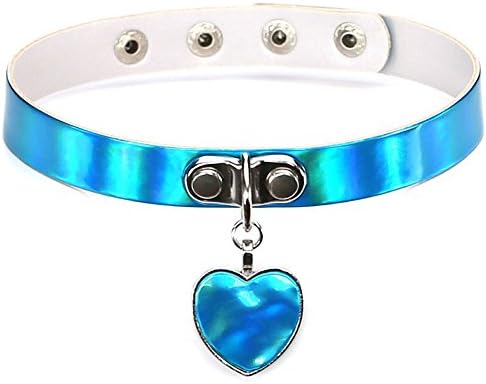 CAIYCAI Leather Punk Clavicle Collar Choker Necklace Women Jewelry Heart Laser Love Necklace Pendants Blue Color