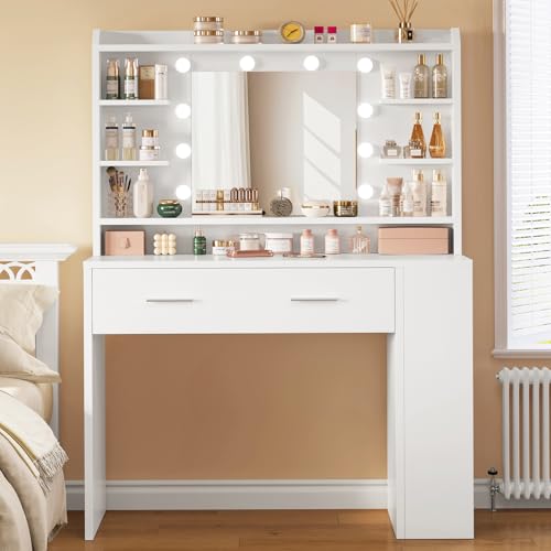 TEENFON Vanity Desk with Large Mirror & 10 Lights, Makeup Vanity with 3-Tier Open Side Storage Shelves, Vanity Table with 3 Color Light Adjustable for Bedroom, White, 40×80×143CM