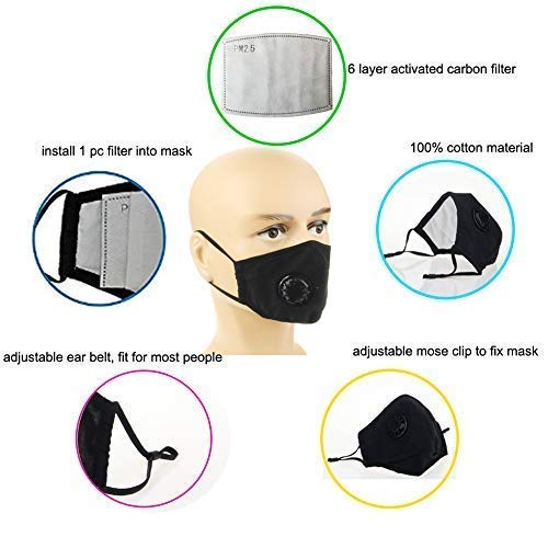 Cotton Mask for Face Black Set Anti Dust Large Unisex Face Washable Mouth with Filters Organic Design Pack Korean Sports Running N95/99 Filters Cycling Outdoor Activated Carbon Pollution Pollen Dust
