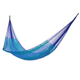 NOVICA Green Bright Blue Striped Nylon Hand Woven Mayan Rope 2 Person XL Hammock, 'Cool Lagoon' (Double) 41G4NJE2yFL