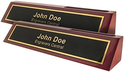 Set of Two Personalized Wooden Executive Office Desk Name Plate With Business Card Holders- CUSTOMIZE - (10.5") - Multiple Plate Color Options