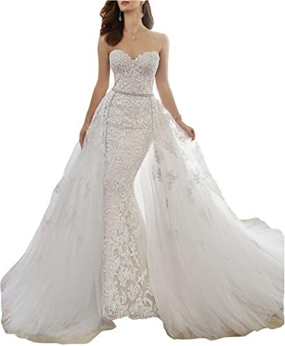 Isabelwedding Women's Lace Appliques Mermaid Wedding Dress With Detachable Train White US14
