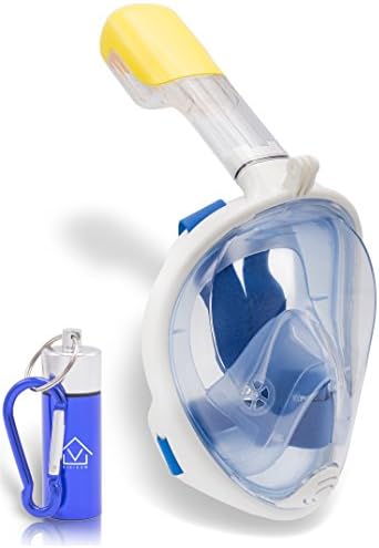 Full Face Snorkel Mask with Gift Earplugs. 180° Panoramic View, Leak proof, Adjustable Head Straps, Longer Snorkel, Anti Fog (Blue, S/M).