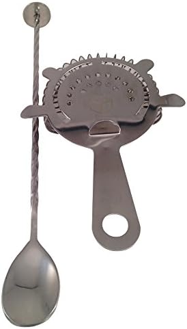 On The Rox 2 Piece Cocktail Mixing Accessory set includes the following: 10" Stainless Steel Cocktail Mixing Spoon with a Round End, and a Stainless Steel Cocktail Strainer