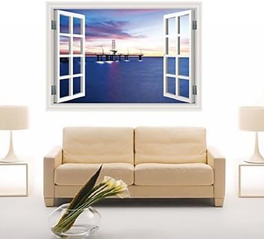 XGHC 3D Sticker Windows Harbour Night Fake Windows Wall Sticker Living Room Backdrop Decoration Room Vinyl Art Mural , blue