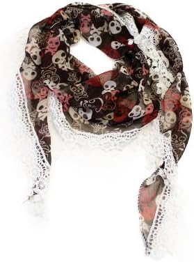 VegasHorizon Lightweight Women's Triangle Lace Scarf with Skull Print - Red
