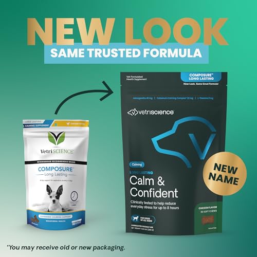 VETRISCIENCE CALM & CONFIDENT CHEWS, COMPOSURE CLINICALLY TESTED CALMING AND ANXIETY ASHWAGANDHA SUPPLEMENT FOR DOGS, STRESS RELIEF, SEPARATION ANXIETY, BEHAVIOR SUPPORT, CHICKEN, 90 COUNT