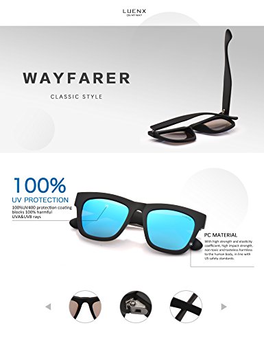 LUENX Mens Wayfarer Polarized Sunglasses UV 400 Protection Mirror Blue Lens Black Frame 58MM,by with Case