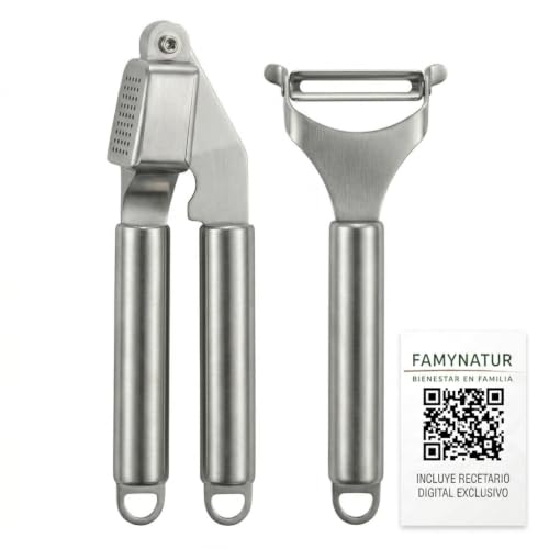 Professional Garlic Press + Vegetable Peeler – Garlic Chopper + Potato Peeler – Effortlessly Crushes in Seconds – Stainless Steel – Easy Cleaning, Dishwasher – Quick Cooking Kit Recipe QR