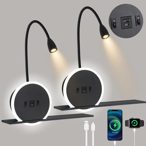 LED Bedside Reading Light, 2-Piece Wall Lamp with Switch, Reading Lamp with USB Charging Port + Type C, 3W 3000K + 9W 6000K Bed Head Lamp, Bedside Lamp for Hotel Room, Black