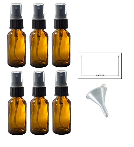 1 oz Amber Glass Boston Round Fine Mist Spray Bottle (6 pack) + Funnel and Labels for essential oils, aromatherapy, food grade, bpa free