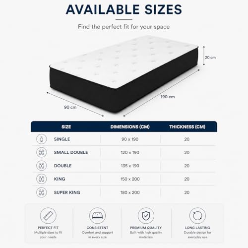 Vital Bonnel Spring Mattress | Orthopedic Support Bed Mattress with Breathable Quilted Top | Durable & Comfortable Mattress for Home Bedroom (Single - W 90 x L190 x H 22 cm)