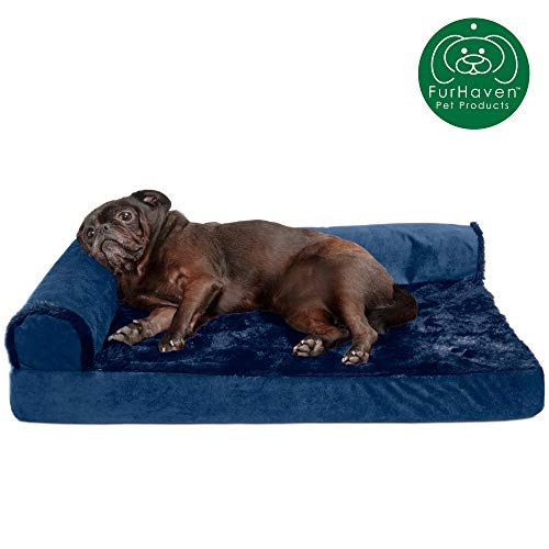 Furhaven Pet Dog Bed | Deluxe Cooling Gel Memory Foam Plush & Velvet L Shaped Chaise Lounge Living Room Corner Couch Pet Bed w/ Removable Cover for Dogs & Cats, Deep Sapphire, Medium