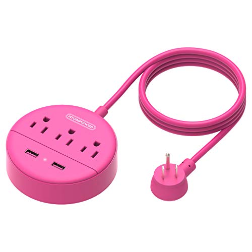Pink Extension Cord 10 ft, NTONPOWER Long Cord Power Strip Flat Plug, 3