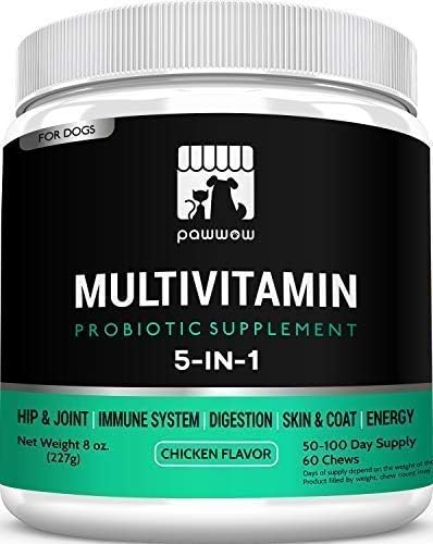 PawWow 5-in-1 Dog Vitamins and Probiotics Supplement with Turmeric โ Hip & Joint, Immune System, Digestion, Skin & Coat, Energy