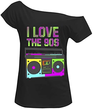 Bobo Banita I Love The 90s Ladies Slounge T-Shirt Drop Tail Off Shoulder Crew Neck Tshirt