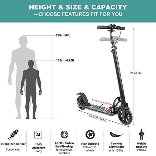 VOKUL Foldable Kick Scooter for Adults Teens Kids with Big 200mm Wheel,Hand Disc Brake Two-Wheels Commuter Scooter -Aesthetic Design,Full Aluminum Body,3 Seconds Easy-Folding System,220lbs Capacity
