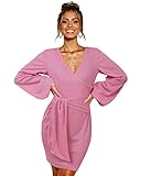 SOLERSUN Women's Casual Wrap Long Sleeve Elegant Bodycon Tie Waist Sweater Pencil Dresses