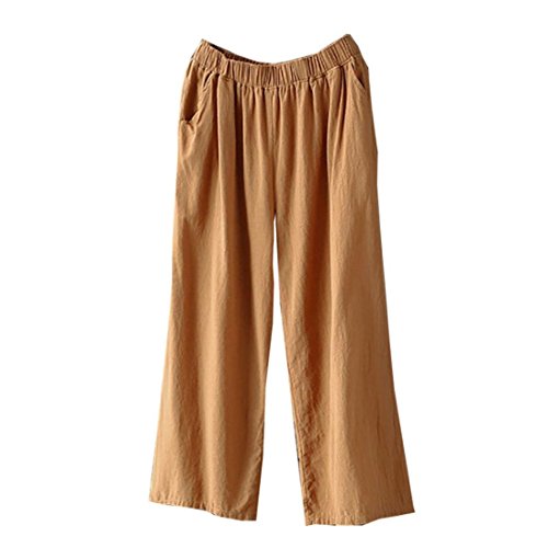 Pervobs Women Pants, Women Loose Palazzo Cotton Linen High Waist Elastic Waist Wide Leg Pants Trousers (2XL, Khaki)