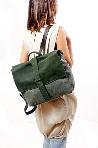 Handmade Green Leather and Canvas Messenger Backpack, Handmade Laptop Rucksack Handbag