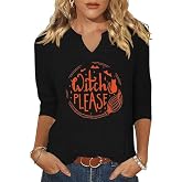 3/4 Sleeve Fall Shirts for Women V Neck Witch Pumpkin Ghost Skull Graphic Halloween Thanksgiving Party Tops