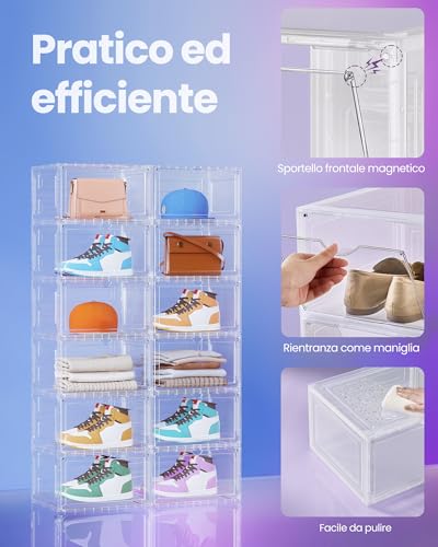 SONGMICS LSP508W01 Set of 8 Shoe Storage Boxes Transparent Plastic Shoe Organiser with Door Stackable 33 x 28.5 x 19.3 cm for Shoes up to Size 46 White Transparent